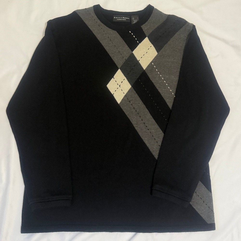 Crazy Horse Mens Long‎ Sleeve Argyle Sweater Large Black Grey Cream